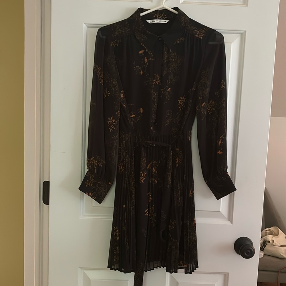 Orange & Black Belted Dress with Pleated Skirt.